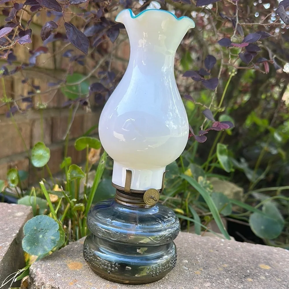 Vintage Three Star brand Glass Oil Lamp with White and Blue Accents